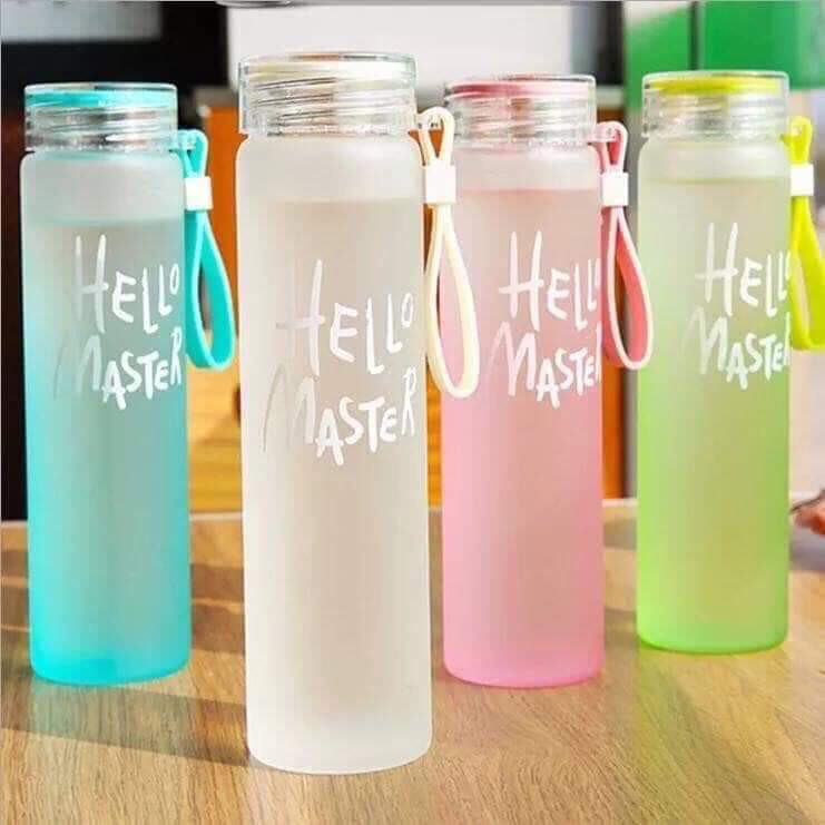 Bình nước thủy tinh nhiều màu hello master 450ml