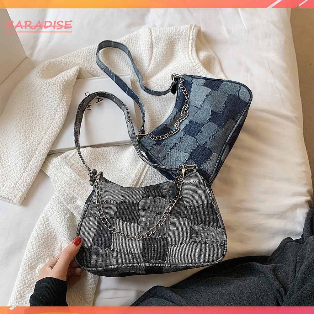 Túi xách denim phối màu tương phản dây quai xích thời trang cho nữ