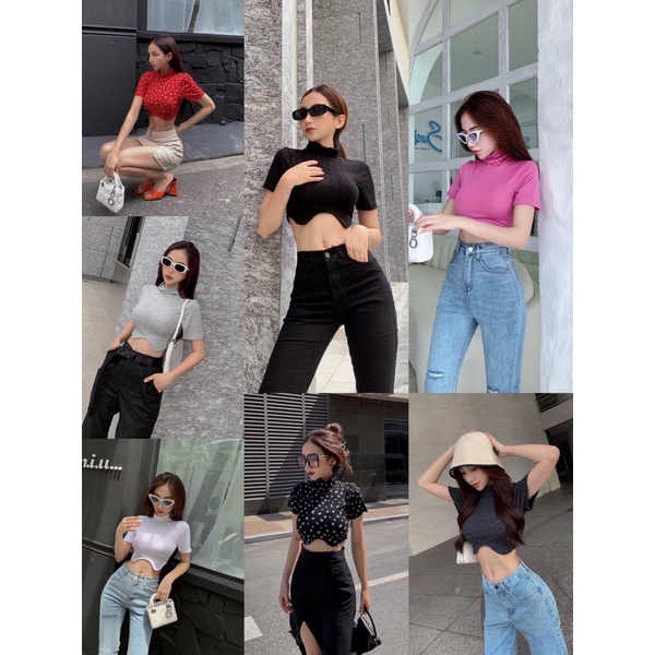 (New-hình thật) Áo croptop tay ngắn cổ lọ viền lai trẻ trung Yn