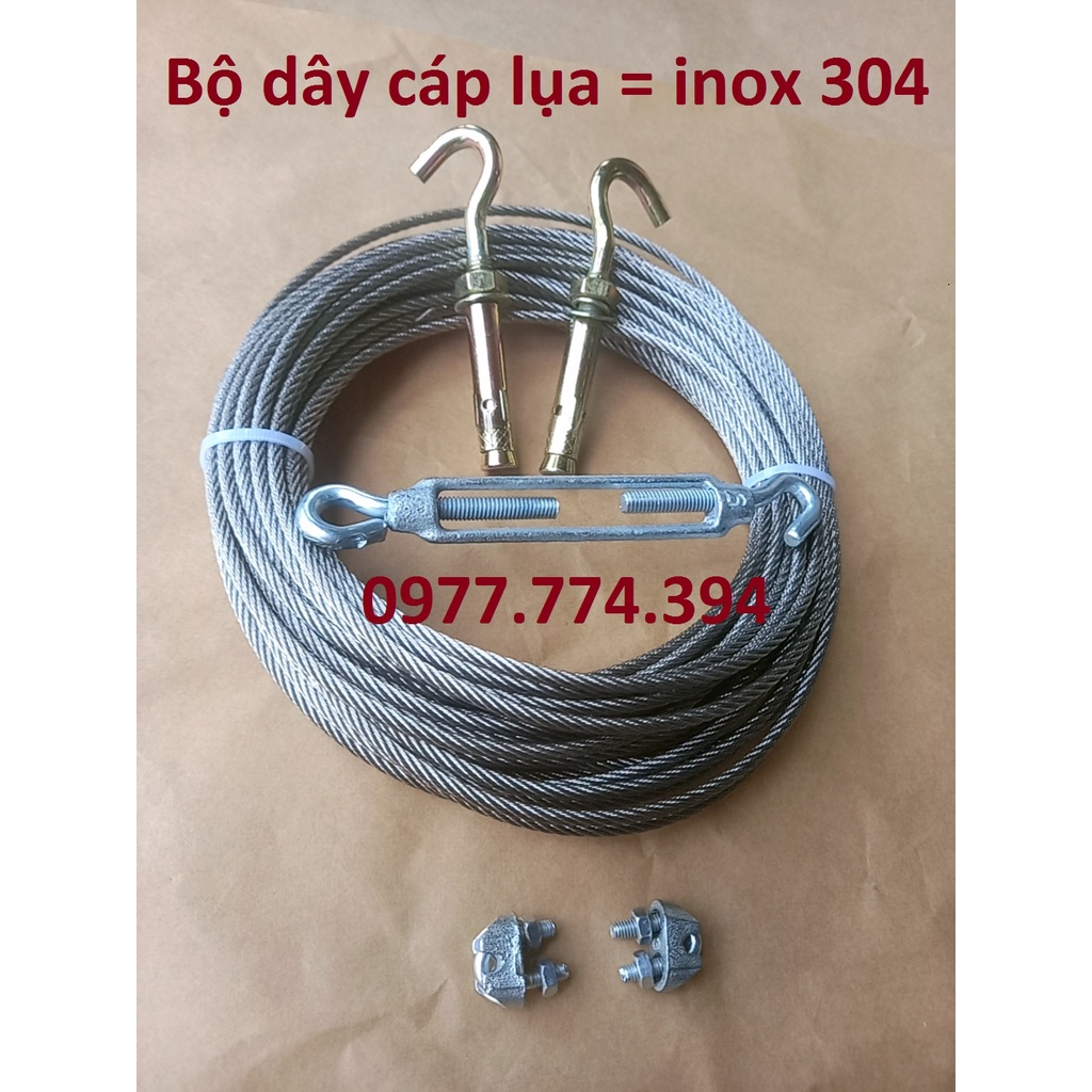 Dây cáp lụa 4 ly bằng inox 304. Kèm 2 khoá đầu dây, 2 nở sắt móc phi 8, 1 tăng dây