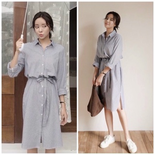 Đầm sơ mi suông sọc đen xẻ tà (kèm hình thật)