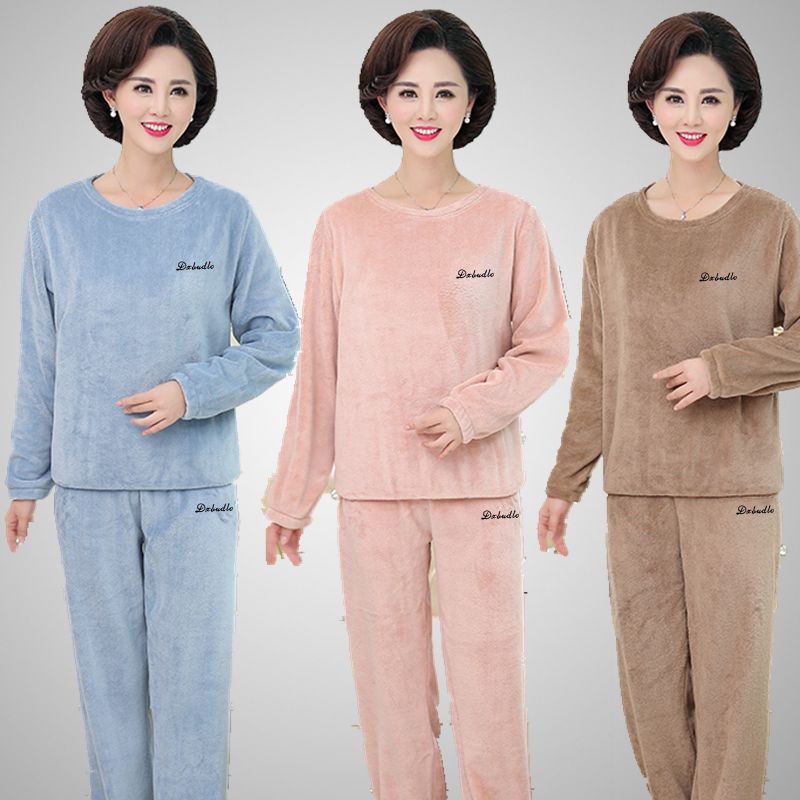 Đồ ngủ cho người trung niên và người già, bộ đồ mặc nhà mùa đông của mẹ, bộ đồ ấm áp lông cừu san hô