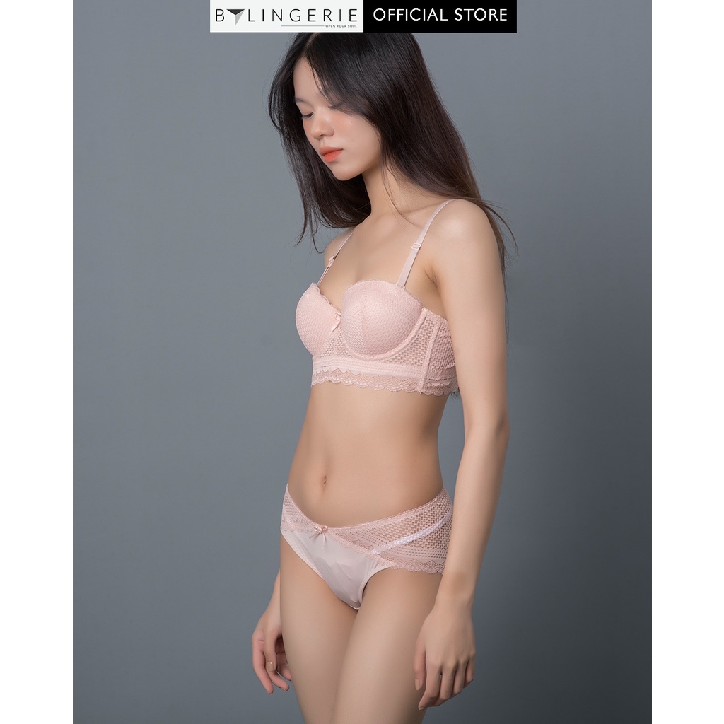 Bộ đồ lót ren nữ BY LINGERIE màu hồng nude áo quây có gọng độn mút dày siêu nâng ngực B224 | BigBuy360 - bigbuy360.vn