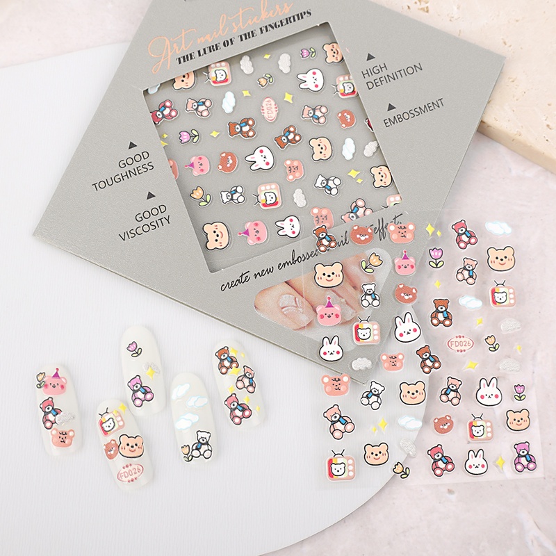 1 Tấm Sticker Dán Móng Hình Gấu 5D Dễ Thương