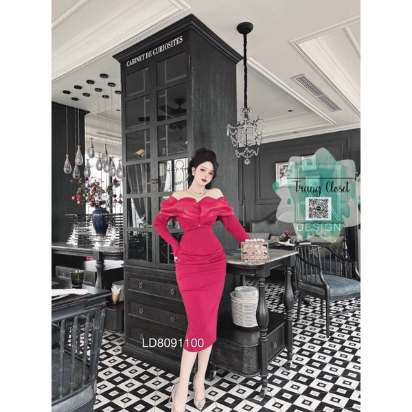 Đầm body phối lưới đính hạt trễ vai tay dài