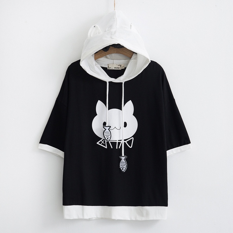 Áo Hoodie Ngắn Tay In Hình Xương Cá Màu Sắc Thời Trang