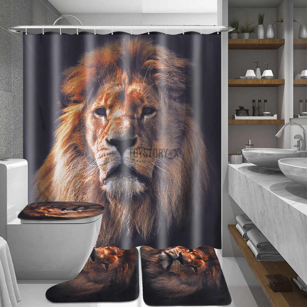 Lion Animal Shower Curtain Bath Pad Pedestal Rug Lid Toilet Mat Cover