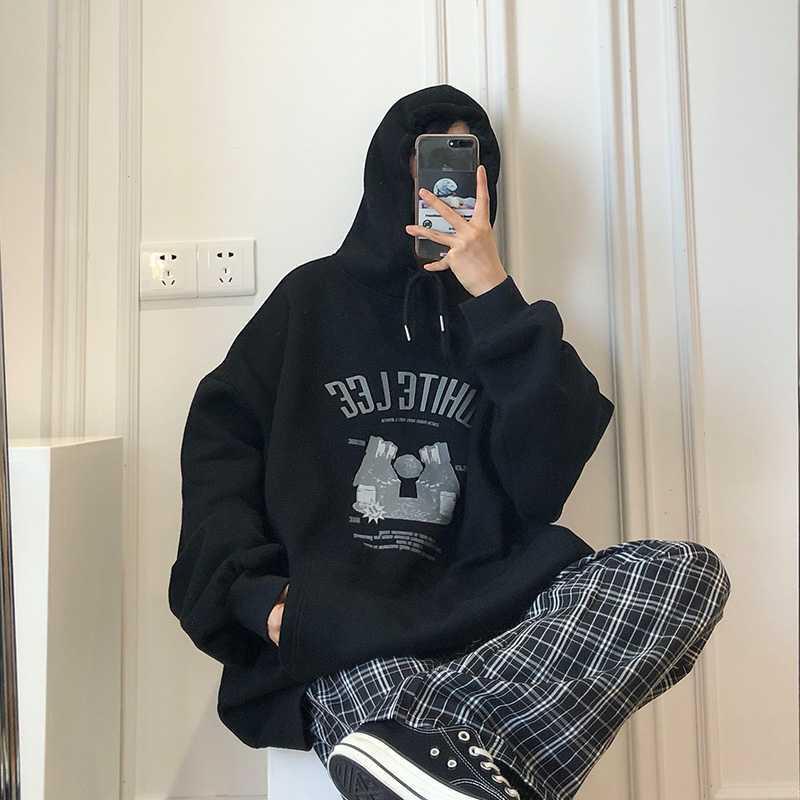 IELGY Áo hoodie tay dài dáng rộng màu đen phong cách Hàn Quốc cổ điển thời trang cho nữ