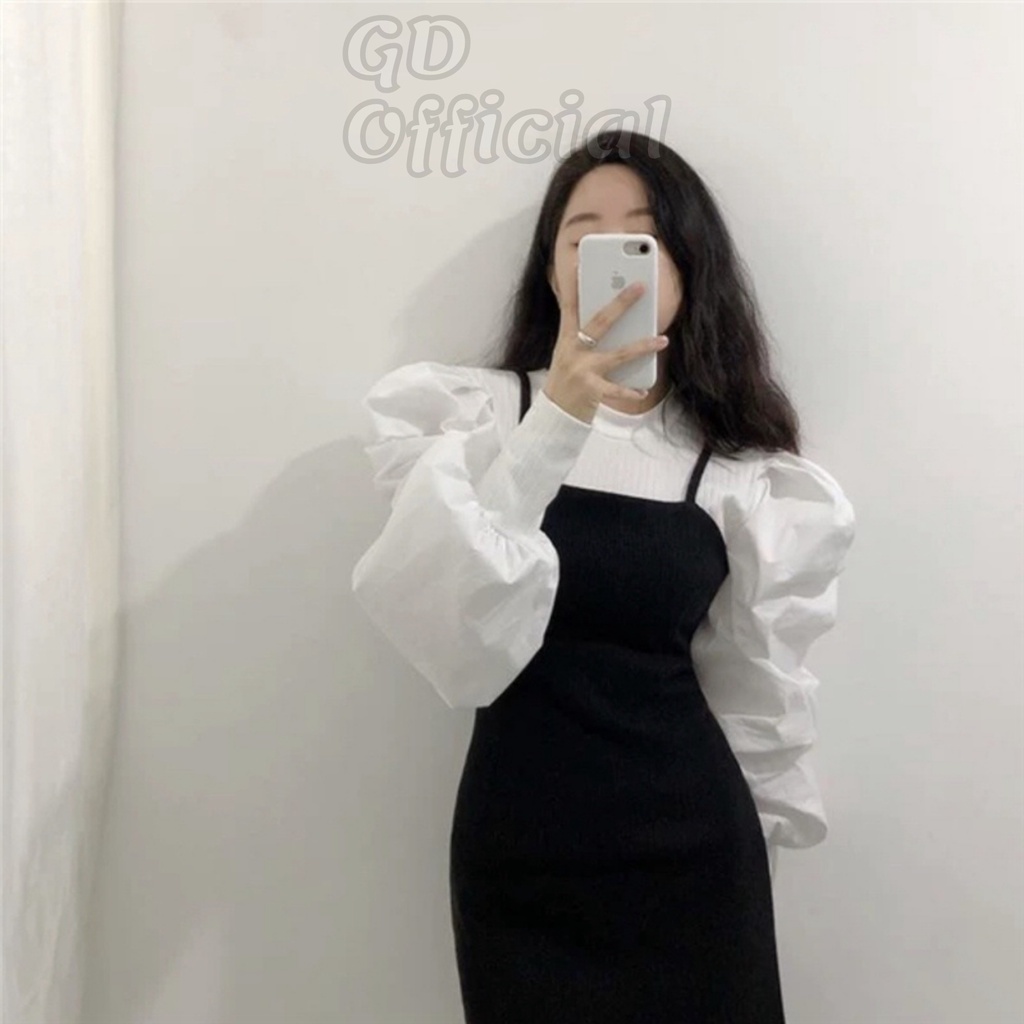 A44|Áo sơ mi thun công sở dài tay rộng khí chất sang trọng nữ cổ tròn tay phồng xếp lớp giản dị trắng đen GD Official