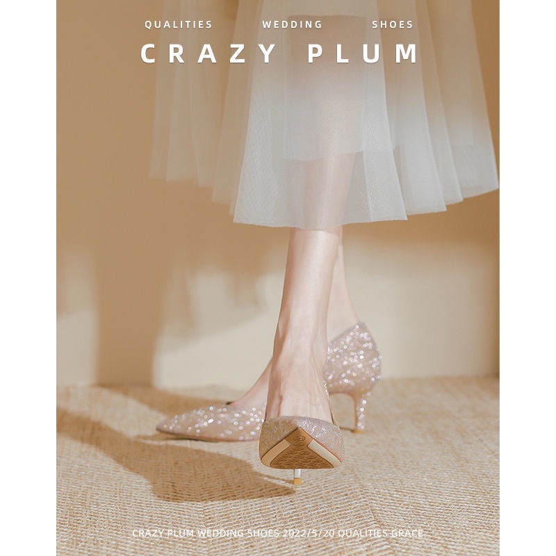 Giày Cao Gót Cô Dâu Màu Vàng Sâm Panh Thiết Kế Mới Thời Trang 2022