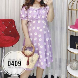 Đầm xòe big size tím hoa cúc từ 55kg-90kg. Hình thật mẫu mũm mĩm mặc chụp
