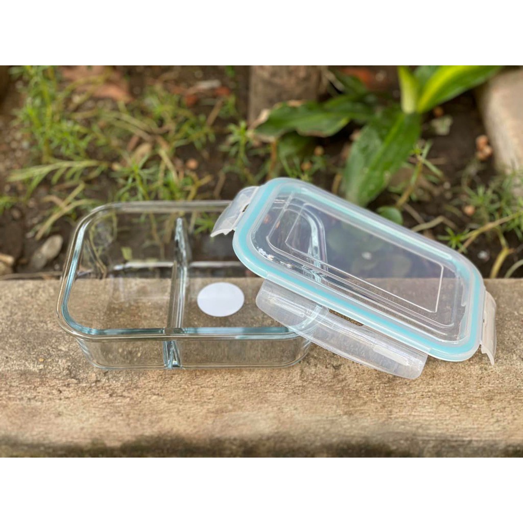 Hộp Cơm Văn Phòng Bằng Thủy Tinh Chia 2 Ngăn Chống Tràn Dùng Dược Trong Lò Vi Sóng Dung Tích 1000ML