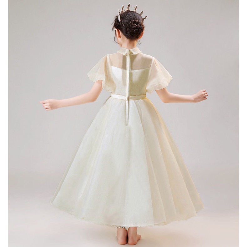 Váy công chúa bé gái thiết kế cao cấp cho bé đi dự tiệc phù dâu tùng dài tay bồng màu trắng kem siêu xòe DBG089