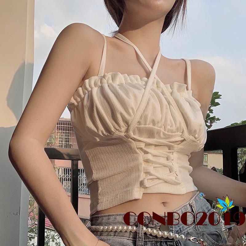 Áo hai dây Cổ Thuyền Hở Rốn Màu Trơn Thời Trang Gợi Cảm Cho Nữ