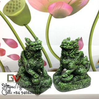 Cặp 2 tượng đá Tỳ Hưu phong thủy 2 sừng - Chiều cao 14cm - Màu xanh lục bích
