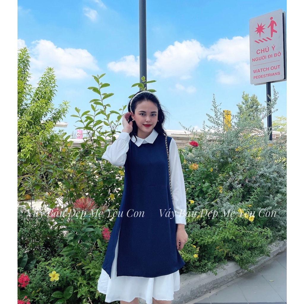 Váy bầu GUME 2 màu đen,xanh than dáng suông Xẻ Sươn Phối Trắng Điệu Đà chất vải sạn lụa MB1283