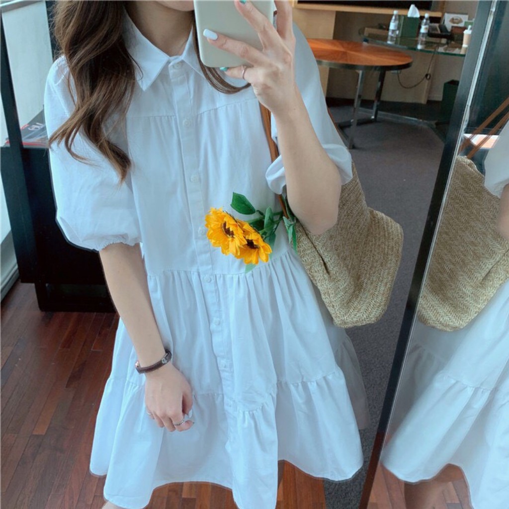 VÁY SƠ MI BABYDOLL ULZZANG CỔ ĐỨC DÁNG XÒE CHO NỮ / ĐẦM CỘC TAY TAY BỒNG XINH XẮN