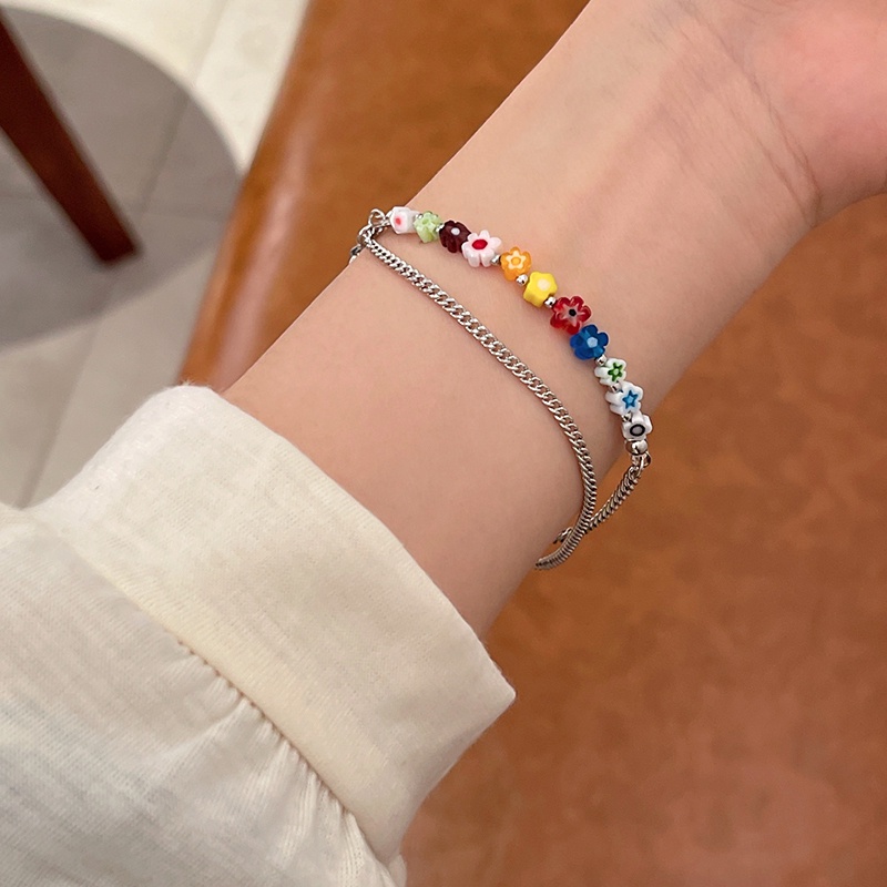 Vòng Đeo Tay Hai Lớp Họa Tiết Hoa Nhỏ Tráng Men Nhiều Màu Sắc Phong Cách Hàn Quốc 19A159