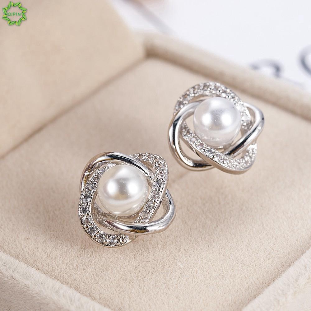 Bông Tai Đính Đá Ngọc Trai Thiết Kế Đơn Giản Sang Trọng Cho Nữ