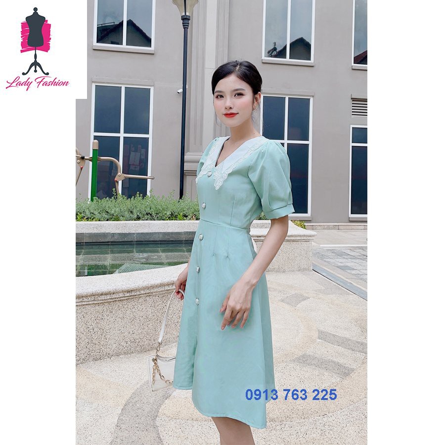 [freeship] Váy Đầm Chữ A Phối Lá Cổ D026
