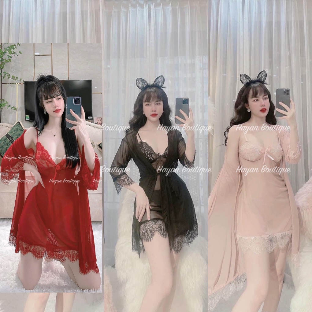 HT121 Set váy ngủ và áo choàng sexy ren mềm mại xuyên thấu, set đồ ngủ ren tay lỡ gợi cảm HT121