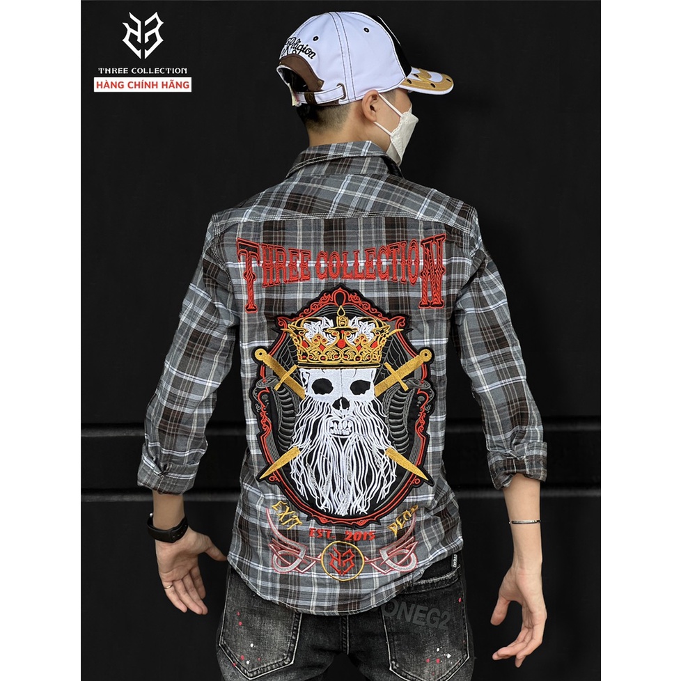 Áo sơ mi nam tay dài THREE COLLECTION caro xám chất kaki dày dặn thêu viking combatant chính hãng s2656