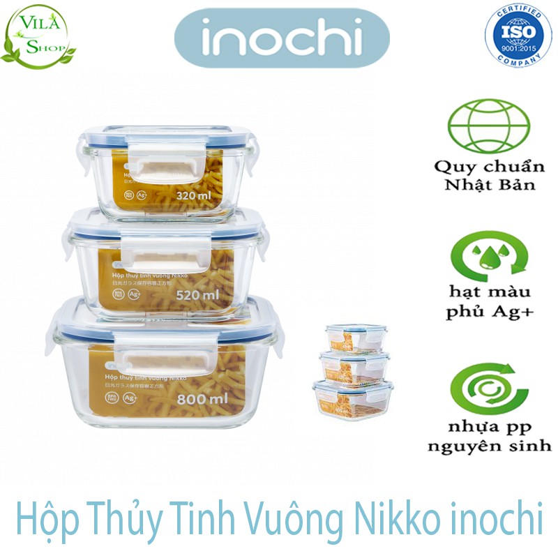 [ Bộ ] Hộp Thực Phẩm, Hộp Thủy Tinh Chịu Nhiệt Hình Vuông, Thủy Tinh Cao Cấp Inochi Sử Dụng An Toàn Trong Lò Vi Sóng