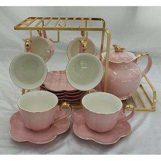 BỘ ẤM CHÉN SỨ XƯƠNG KÈM GIÁ TREO CỐC MÀU HỒNG