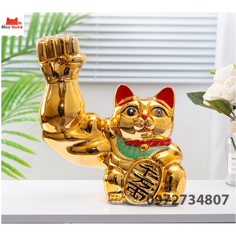 Mèo Thần Tài Vàng Tay To Cơ Bắp Cầu Tiền Tài May Mắn Gốm Sứ Cao Cấp Size Lớn Nhất 32 cm