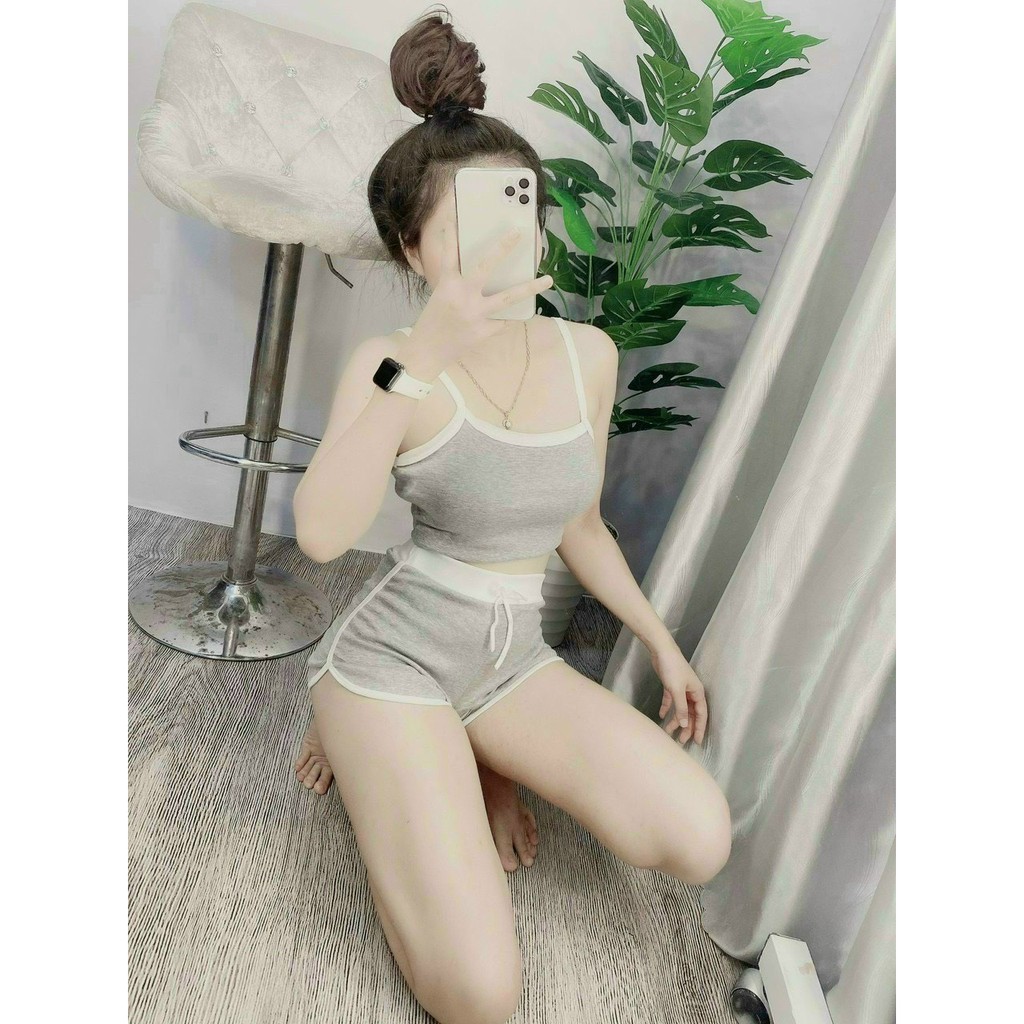 Set bộ mặc nhà tập gym nữ 2 dây đùi viền màu xinh ly