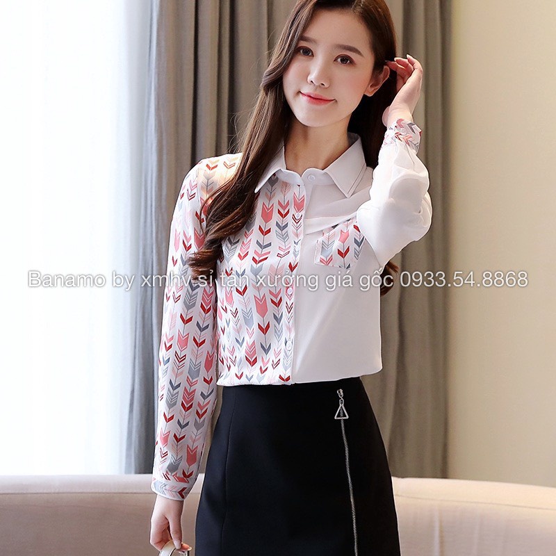 Áo sơ mi lụa nữ dài tay họa tiết sành điệu cá tính trẻ trung phong cách hàn quốc thời trang Banamo Fashion 375