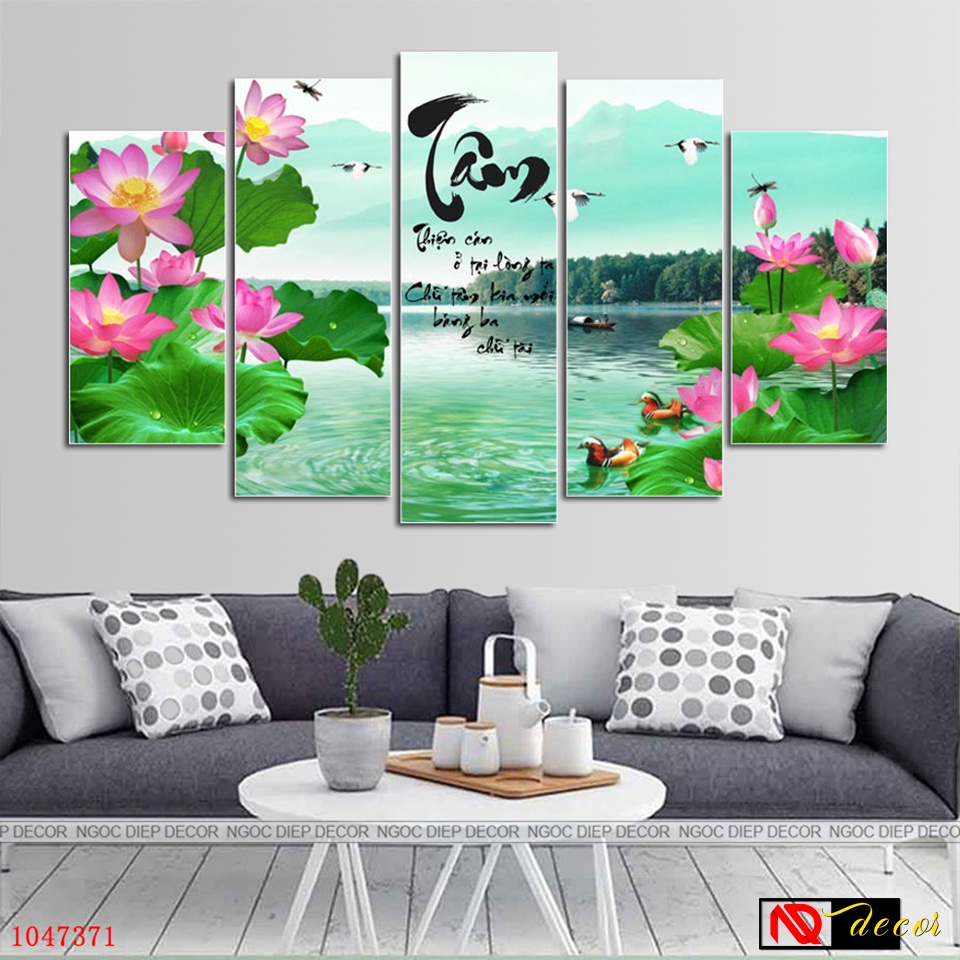 Bộ 5 tấm tranh dán tường phong thủy - Tranh dán tường phòng khách, kèm băng dính xốp