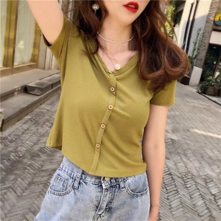 Áo sơ mi cotton ngắn tay eo cao thời trang dành cho nữ