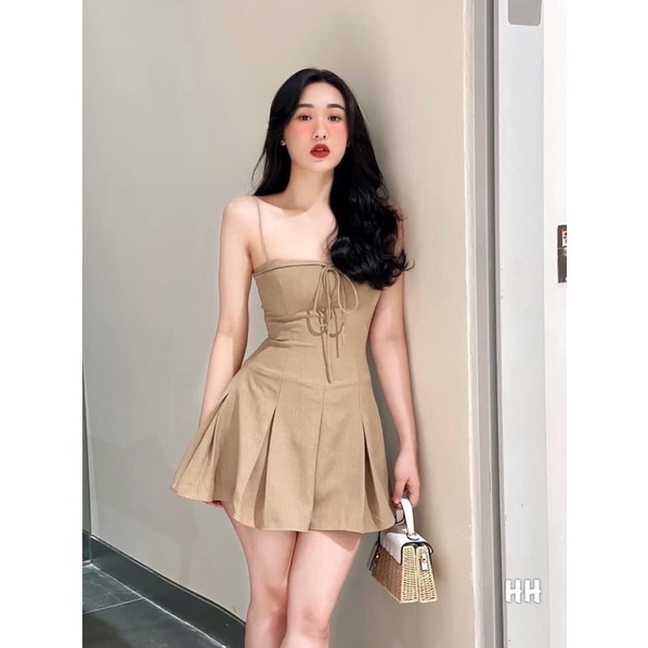 Đầm nude dây cột nơ ngực xếp ly