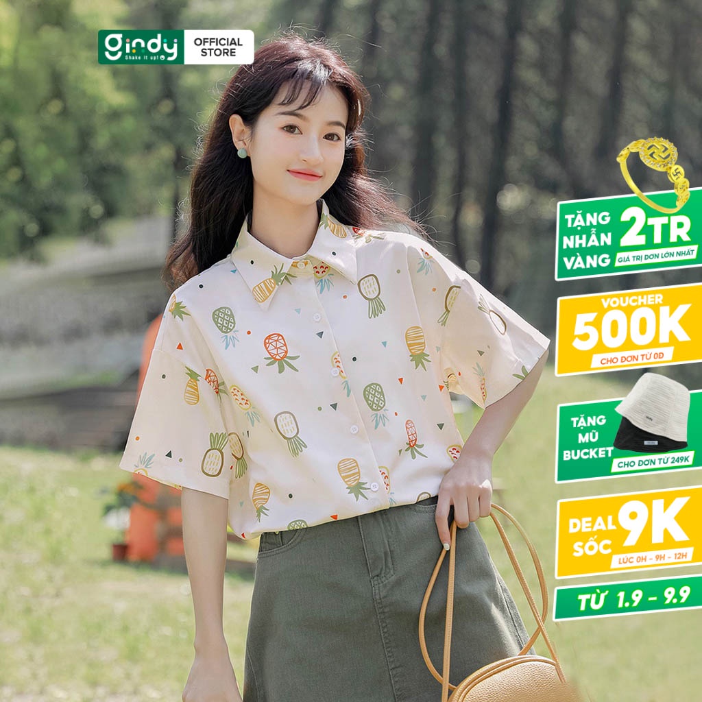 Áo sơ mi nữ form rộng tay lỡ hoạ tiết quả dứa GINDY vải lụa phong cách Hàn Quốc A5117
