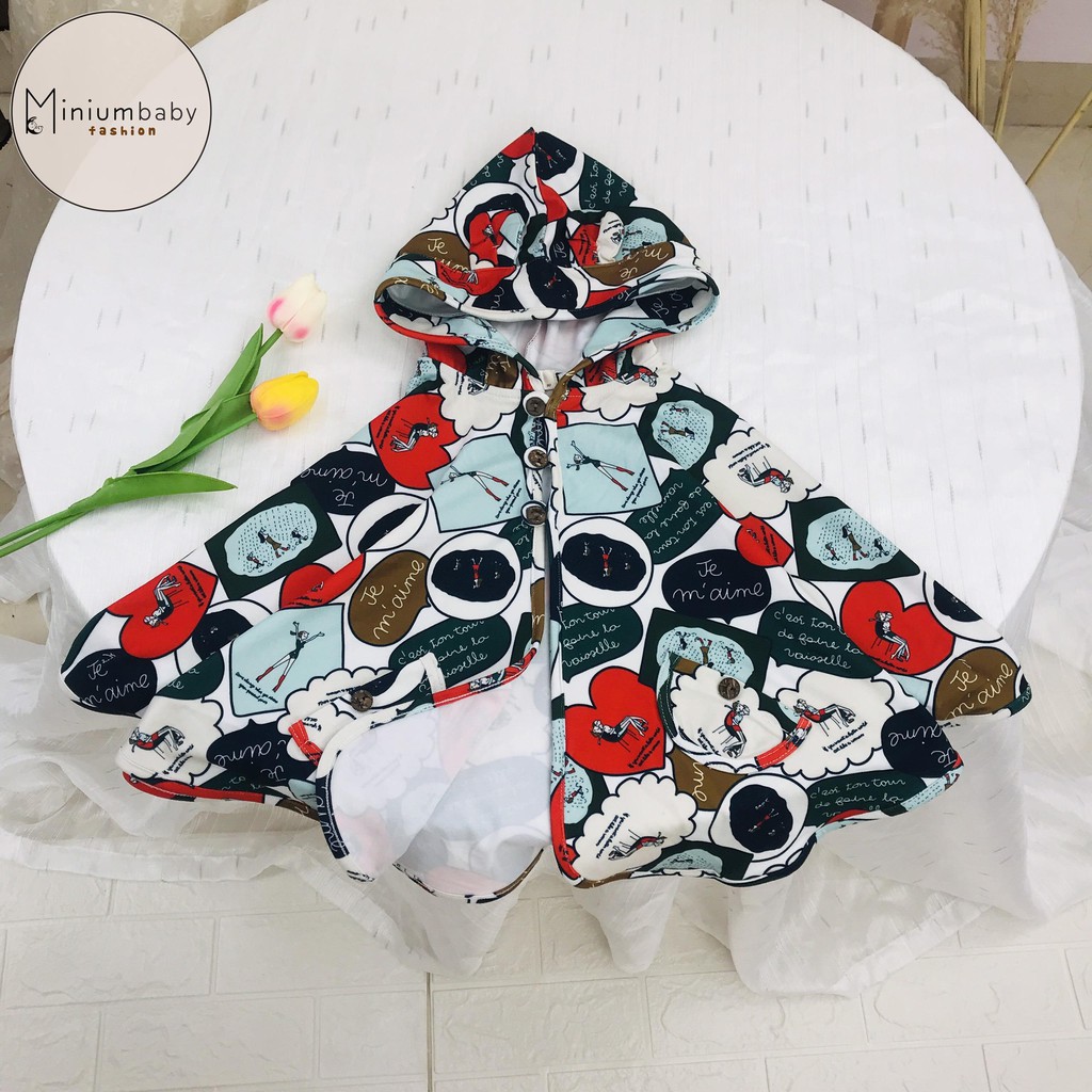 Minium-Áo Choàng Chống Nắng Cho Bé Chất Liệu Cotton Họa Tiết Hội Thoại, Áo Choàng Cánh Dơi Ponchoni,Áo Choàng Cho Bé Gái