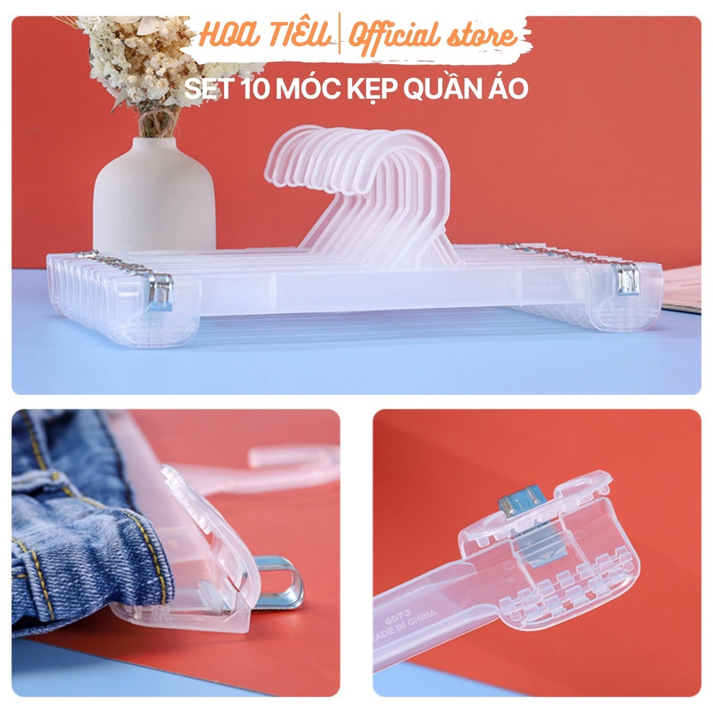 Móc kẹp quần áo nhựa dẻo trắng, set 10 chiếc móc nhựa trắng kẹp chân váy quần jean dài 25cm