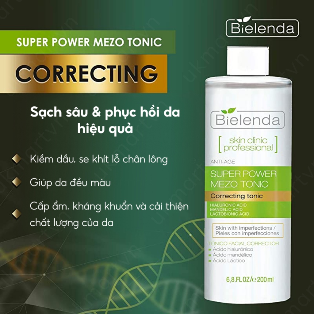 Toner Bielenda Super Power Mezo Tonic Skin Clinic Correcting Căng Bóng, Mờ Thâm, Moisturizing Dưỡng Ẩm, Cấp Nước 200ml