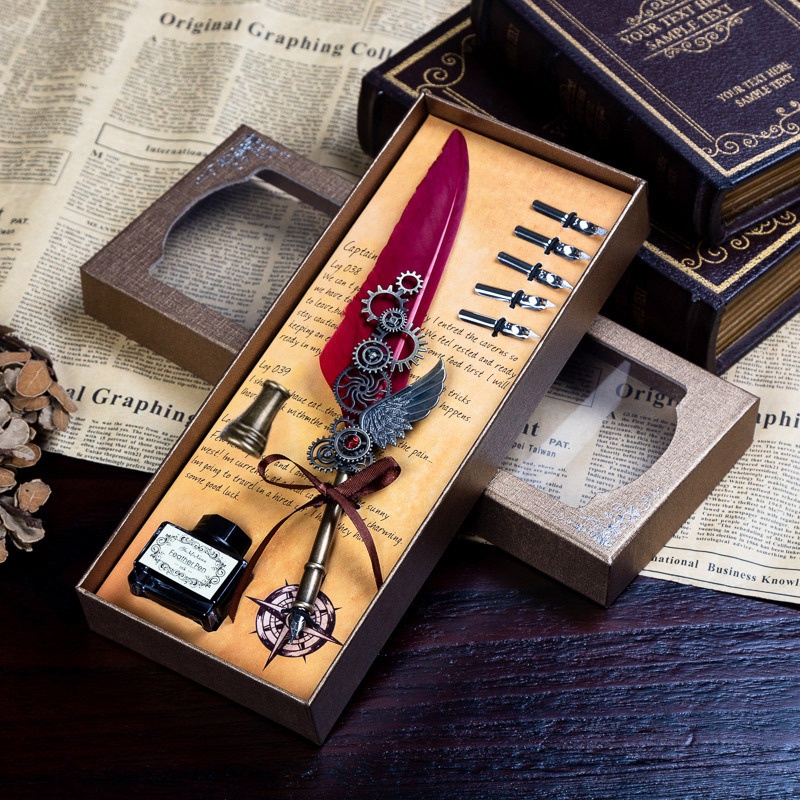 Bộ Bút Máy Kim Loại Mực Nước 5 Ngòi Hình Lông Vũ Phong Cách Vintage Thích Hợp Làm Quà Tặng Sinh Nhật