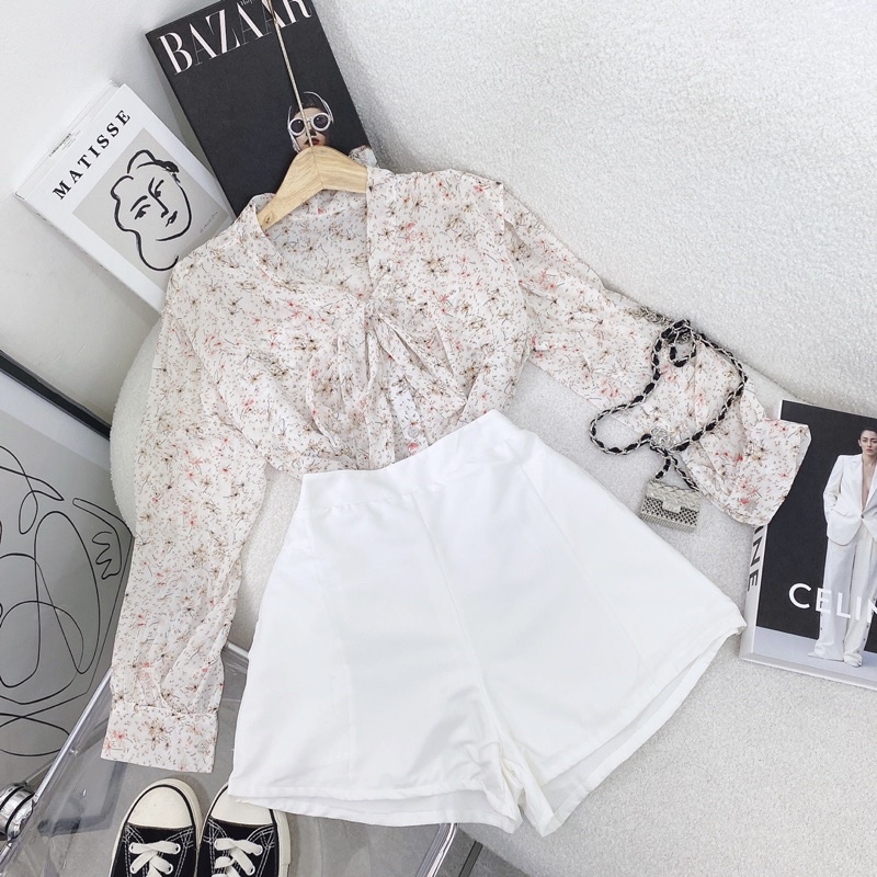 SET ÁO HOA THẮT NƠ + SHORT TRẮNG