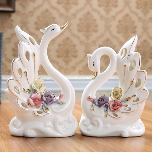 Tượng mini trang trí, tượng trang trí bộ đôi thiên nga đính hoa để, showroom, tinh tế [DEC0010]