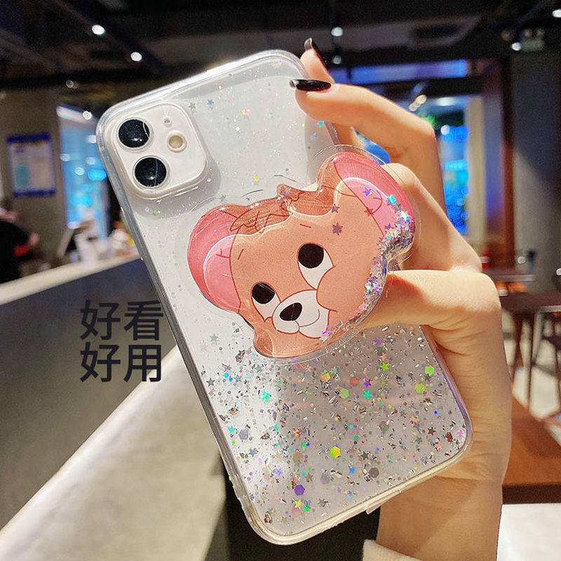 Ốp lưng iPhone 12 mini 11 Pro X XS XR Max 6 6S 7 8 Plus SE 2020 3D Sequin Glitter Cat And Mouse Flowing Silver Foil Holder Soft Case