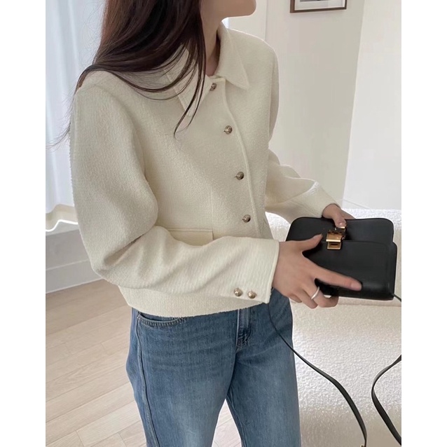 Áo khoác dạ tweed basic dáng ngắn cúc cổ điển phong cách Hàn Quốc 2022