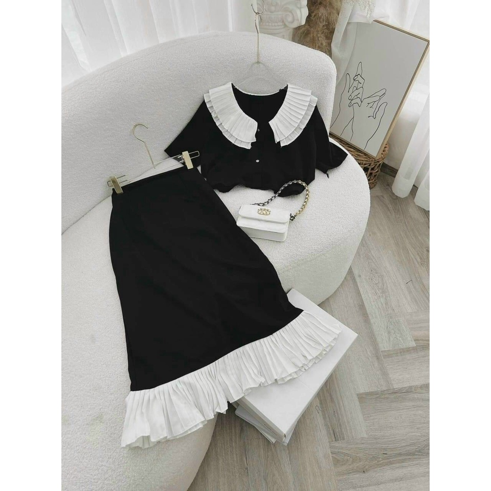 Set áo croptop đen + chân váy midi