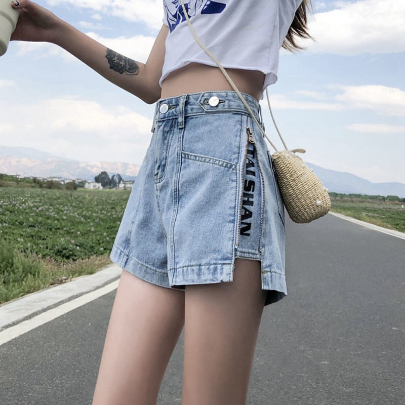 Quần Short Denim Mỏng Ống Rộng Lưng Cao Phối Khóa Kéo Bên Hông Thời Trang Mùa Hè 2022 Mới Cho Nữ Tj112