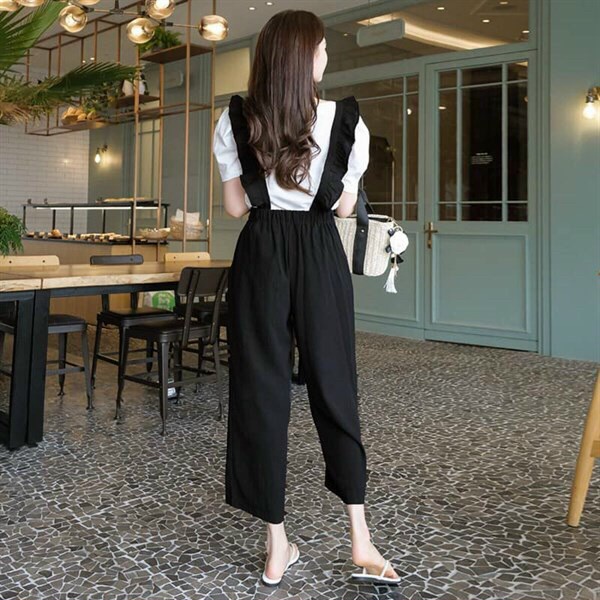 Set yếm cánh tiên quần dài phối áo trắng, set yếm đen bèo kèm áo trong, bộ dài mặc đi chơi dạo phố phong cách hàn quốc