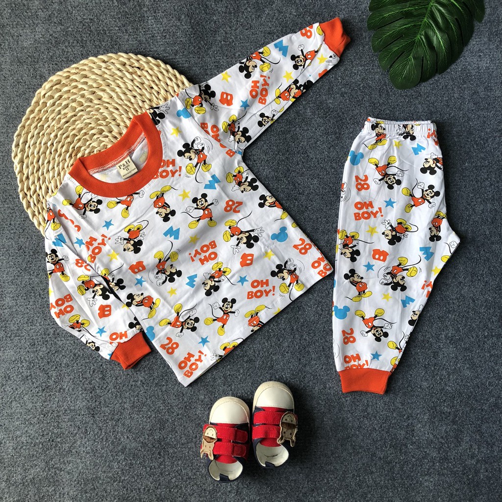 Bộ thun Cotton dài tay hình chuột MICKEY cho bé trai 8~22kg - HIROKIDS