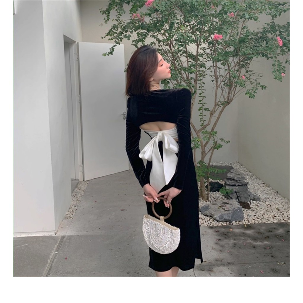 [Mã FAMAYWA2 giảm 10K đơn 50K] Váy nhung cổ nhung kết hợp hở lưng quyến rũ-V24 | BigBuy360 - bigbuy360.vn