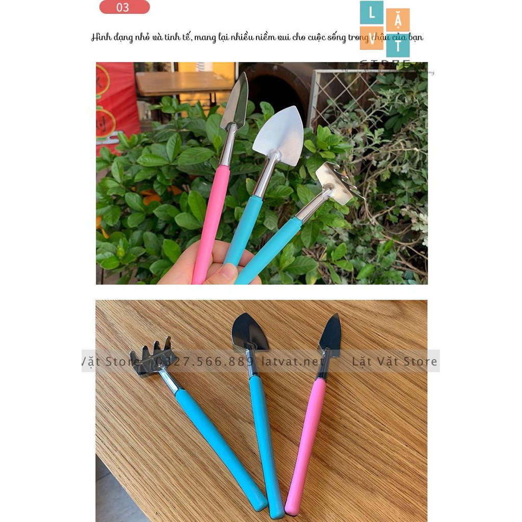 Bộ ba dụng cụ làm vườn mini gồm xẻng, cào và bay để làm chậu cây nhỏ, sen đá - Có 3 màu pastel