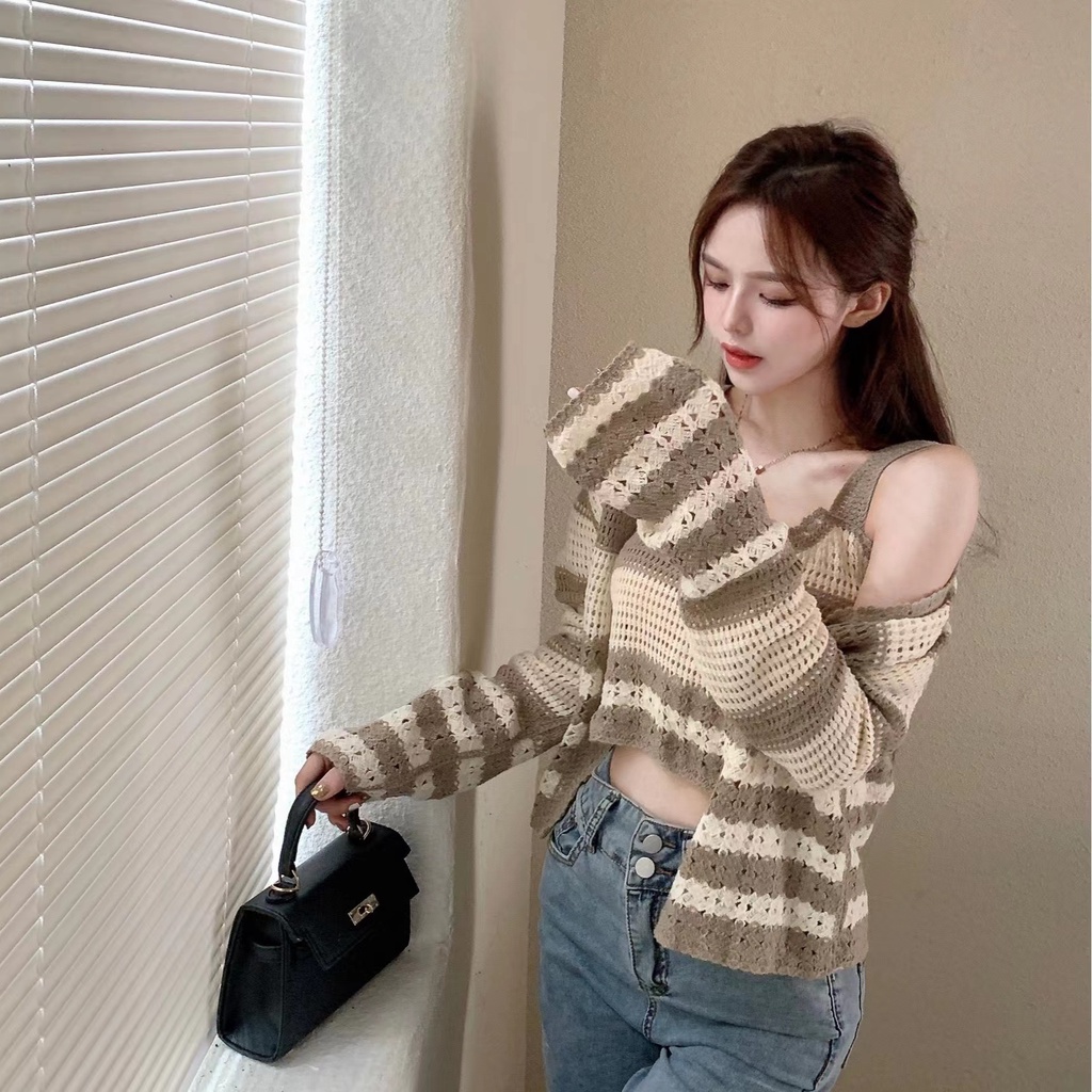 Bộ áo cardigan dệt kim sát nách kẻ sọc + quần lưng cao ZHELIHANGFEI quyến rũ thời trang cho nữ